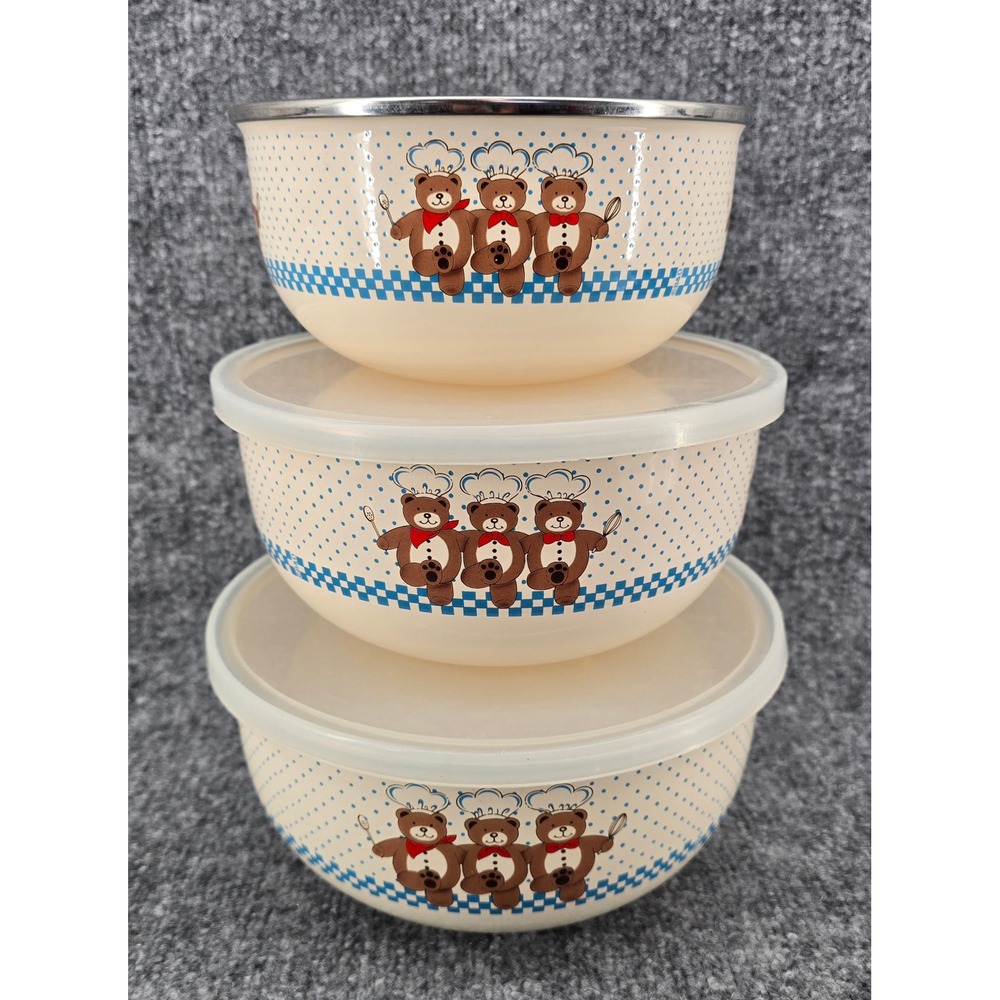 Vtg Set of 3 B&D Enamel Mixing Bowls Teddy Bear Chef w/ 2 Lids Metal 80s Rare